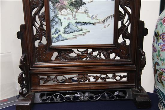 A Chinese rosewood and porcelain mounted table screen, early 20th century, 72cm x 52cm